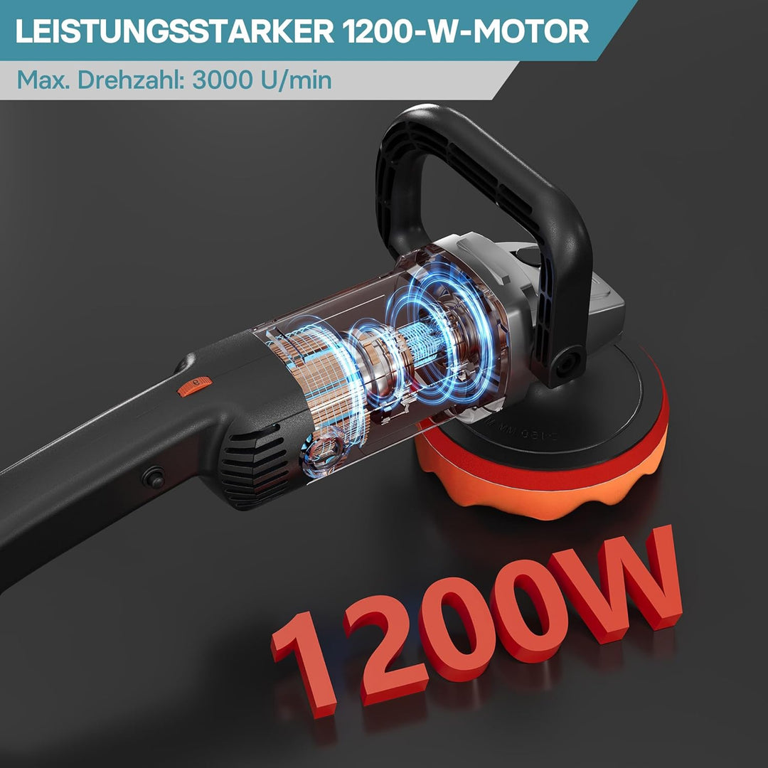 Wiltec Auto Poliermaschine Schleifmaschine 1200W bis 3000 U/min, Poliergerät mit 6 Stufen, mit Tasch