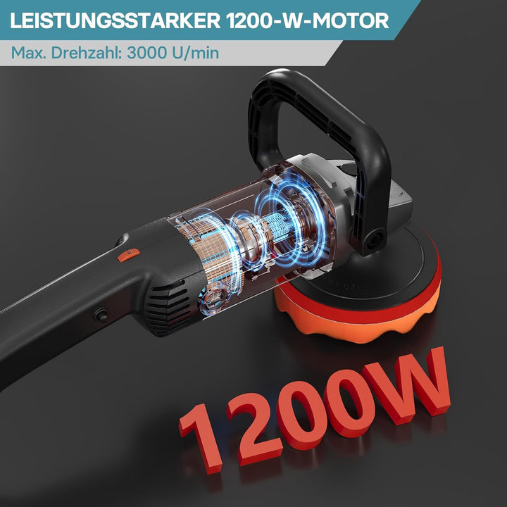 Wiltec Auto Poliermaschine Schleifmaschine 1200W bis 3000 U/min, Poliergerät mit 6 Stufen, mit Tasch