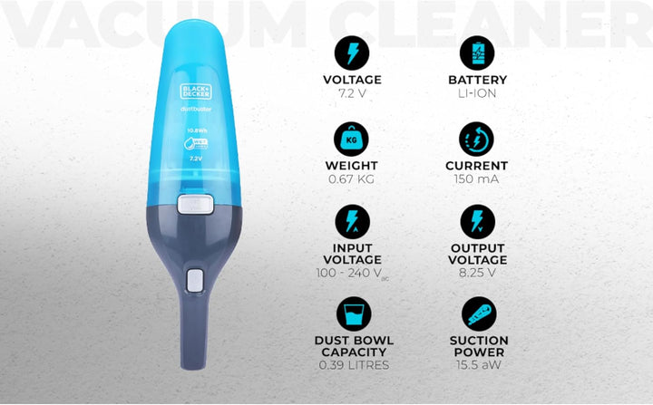Black+Decker WDC215WA WDC215WA-QW, Tischstaubsauger, Blau, Titan, 10.8 W, 0.385 liters, 65 Dezibel