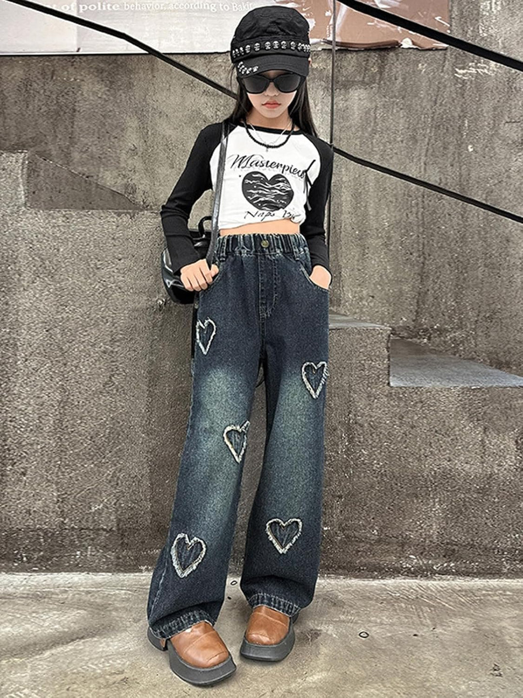 Rolanko Mädchen Jean Hosen Loch Denim Blau Jeans, Vintage Hose mit weitem Bein für Kinder Fit 8-9 Ja