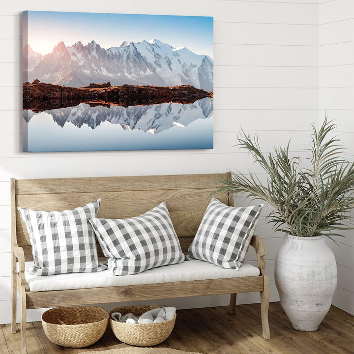 PICANOVA – Bild auf Leinwand Monte Bianco Alpen Bergsee Chesery 100x75cm Leinwandbild – Premium Lein