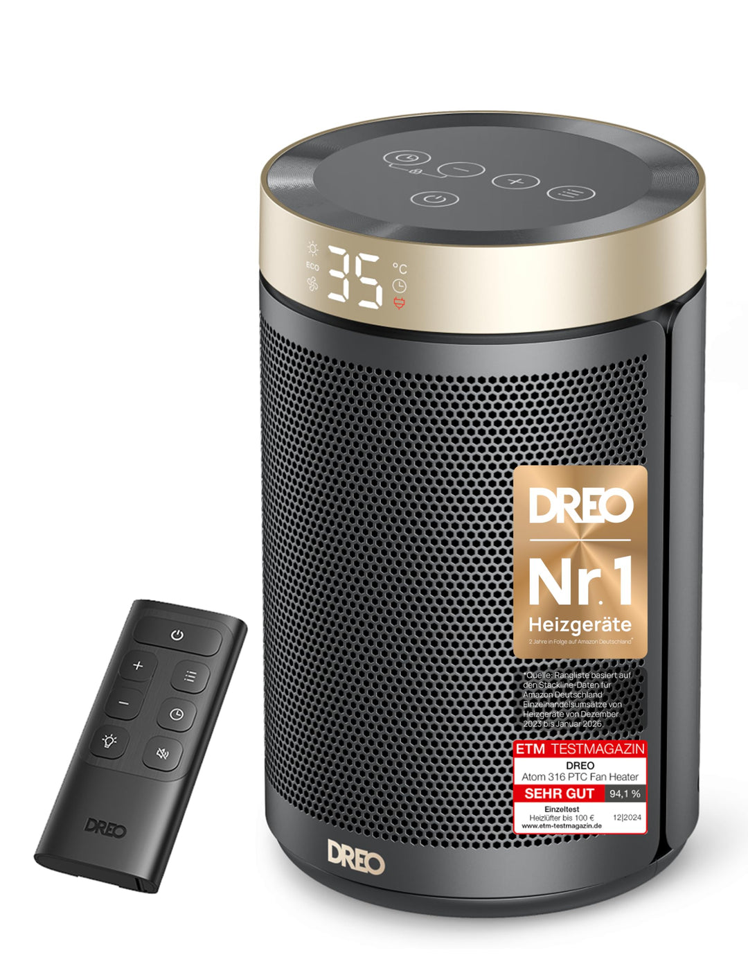 Dreo Energiesparender Heizlüfter, 34 dB Leiser 1500W Elektrischer PTC Keramik, Thermostat, Überhitzu