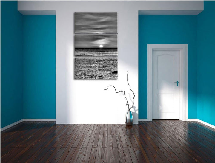 Pixxprint Monocrome, Sonnenuntergang am Meer 3-Teiler Leinwandbild 120x80 Bild auf Leinwand