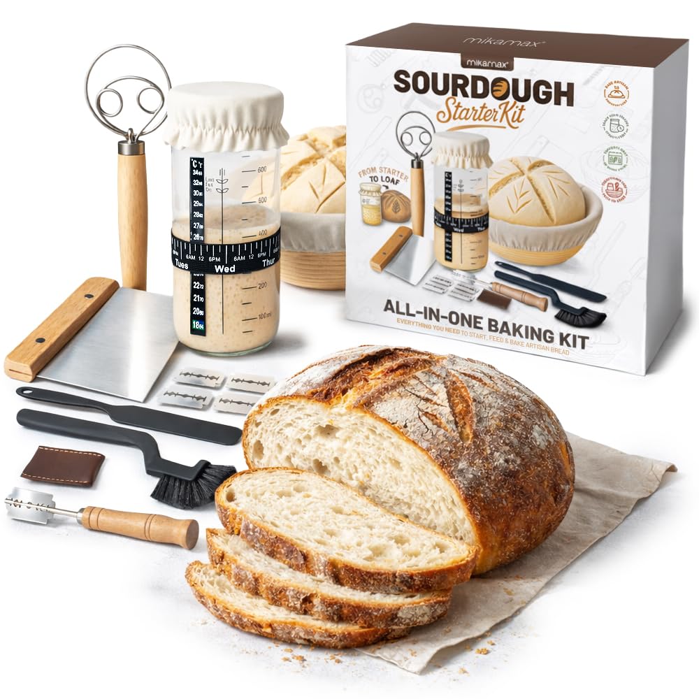 MikaMax Sauerteig Starter Set 10-teilig - Gärkorb Brot Set rund - Brotbackzubehör Komplettset - Brot