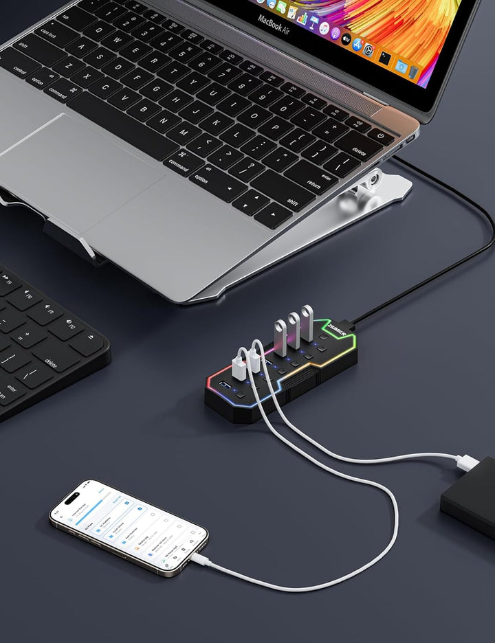 ZIUMIER USB 3.0-Hub, 7-Port-USB-Expander mit RGB-LED-Streifen für MacBook, Mac Pro, Mac mini, iMac,