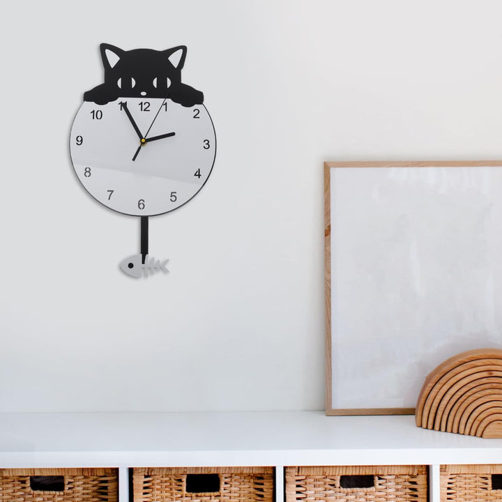 HOMSFOU Wanduhr, rund, Katze, Kätzchen, geräuschlos, dekorative Wanduhr für Kinderzimmer, Schlafzimm