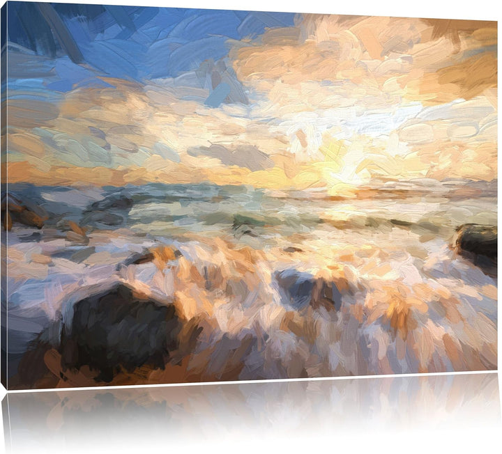 Pixxprint Sonnenuntergang am Meer als Leinwandbild/Grösse: 100x70 cm/Wandbild/Kunstdruck/fertig besp
