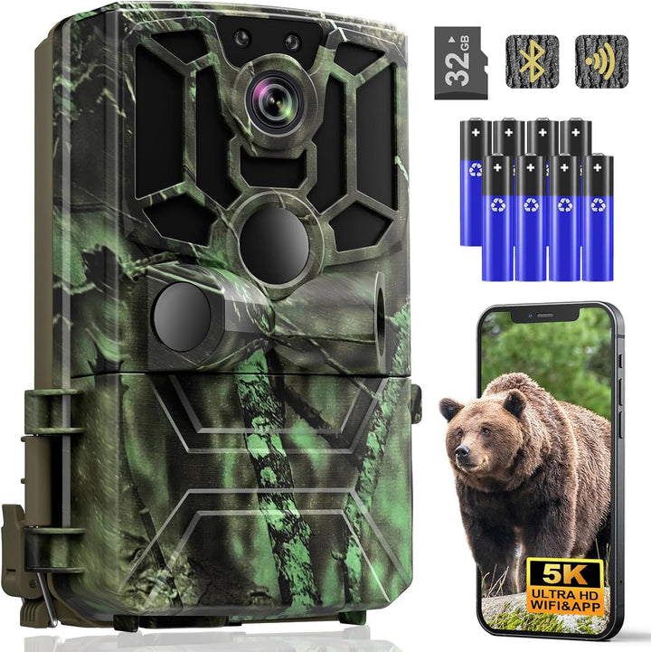 Wildkamera mit Handyübertragung App, 5K Video 60MP Full HD WLAN Bluetooth Wildtierkamera Nachtsicht
