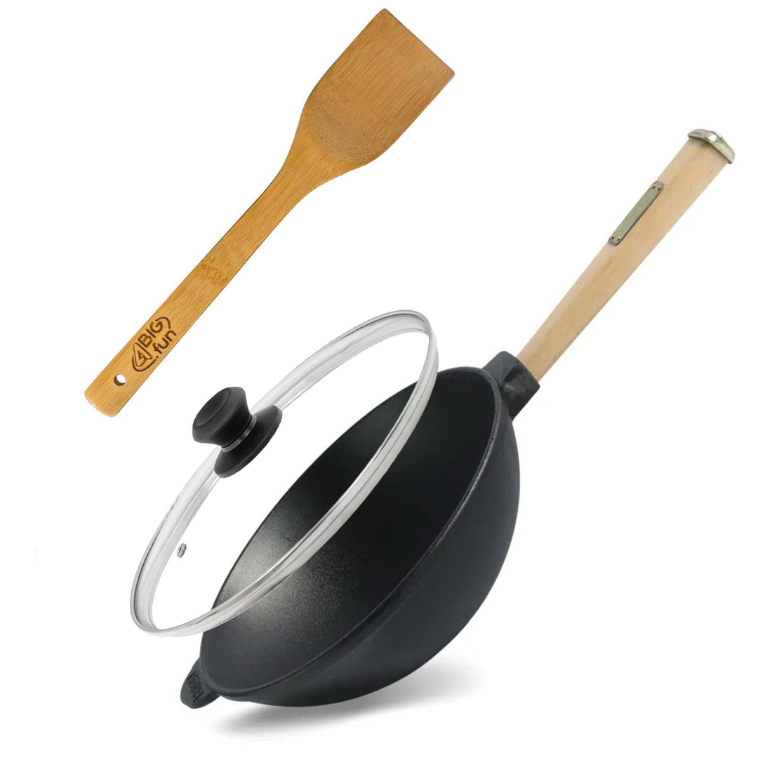 4BIG.fun Wok Bratpfanne Ø24 cm 2,2 L aus Gusseisen mit Holzgriff Glasdeckel Asia Wokpfanne Induktion