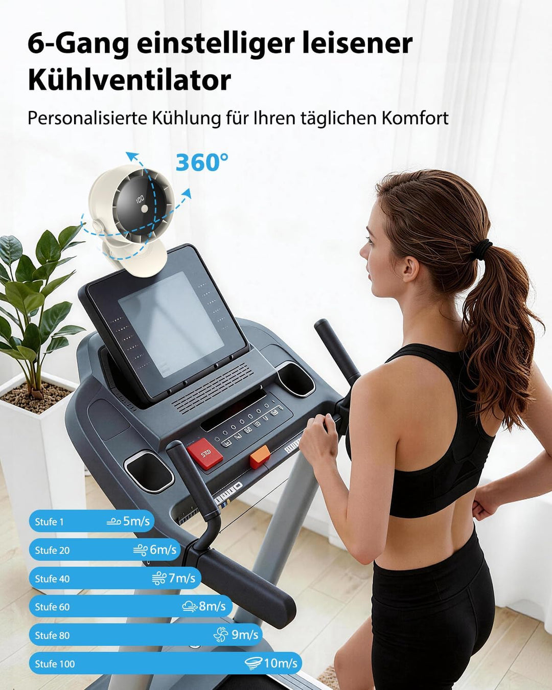 Tragbarer USB Tischventilator mit Akku, 100 Stufen, 360° Drehen & Kippen, Digitalanzeige, Mit Klemme
