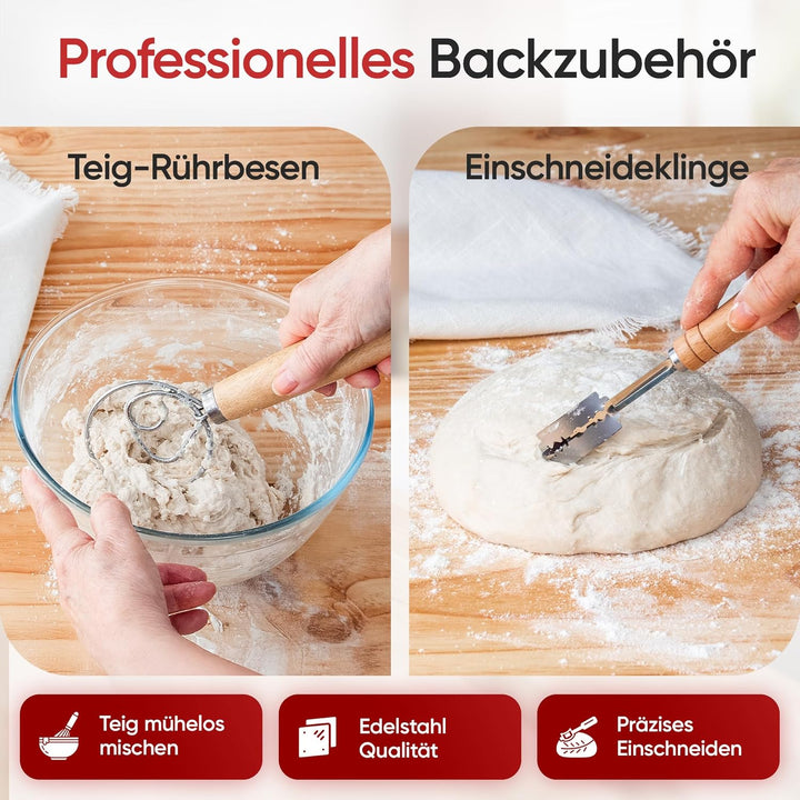 Levainé Sauerteig Starter Set mit Gärkörbchen Set (Rund & Oval) und Zubehör – Brot Backen Zubehör Se