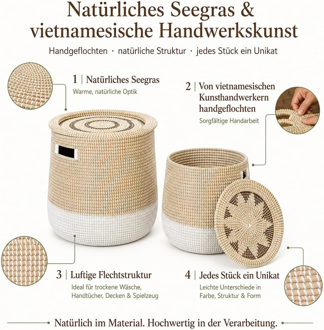 2 Stück Aufbewahrungskorb geflochten, Wäschekorb mit deckel, Seegras Korb gross L/S(87L/46L), Handge