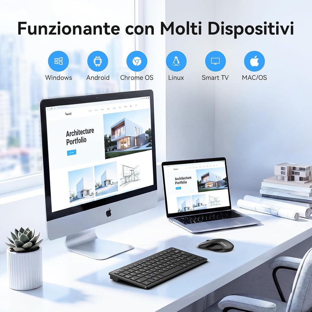 TECKNET Italienische QWERTY-Tastatur und Maus, 2.4G kabellose Tastatur und leise Maus mit Nano-USB-E