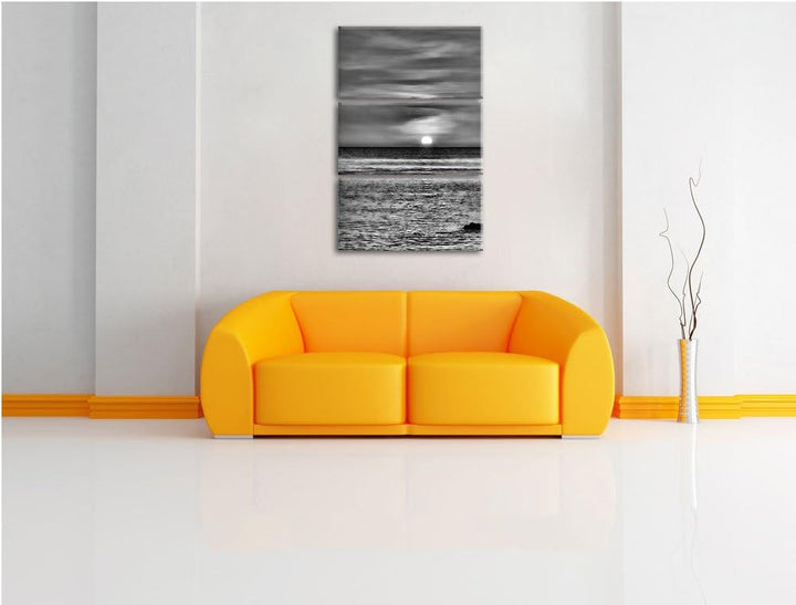 Pixxprint Monocrome, Sonnenuntergang am Meer 3-Teiler Leinwandbild 120x80 Bild auf Leinwand