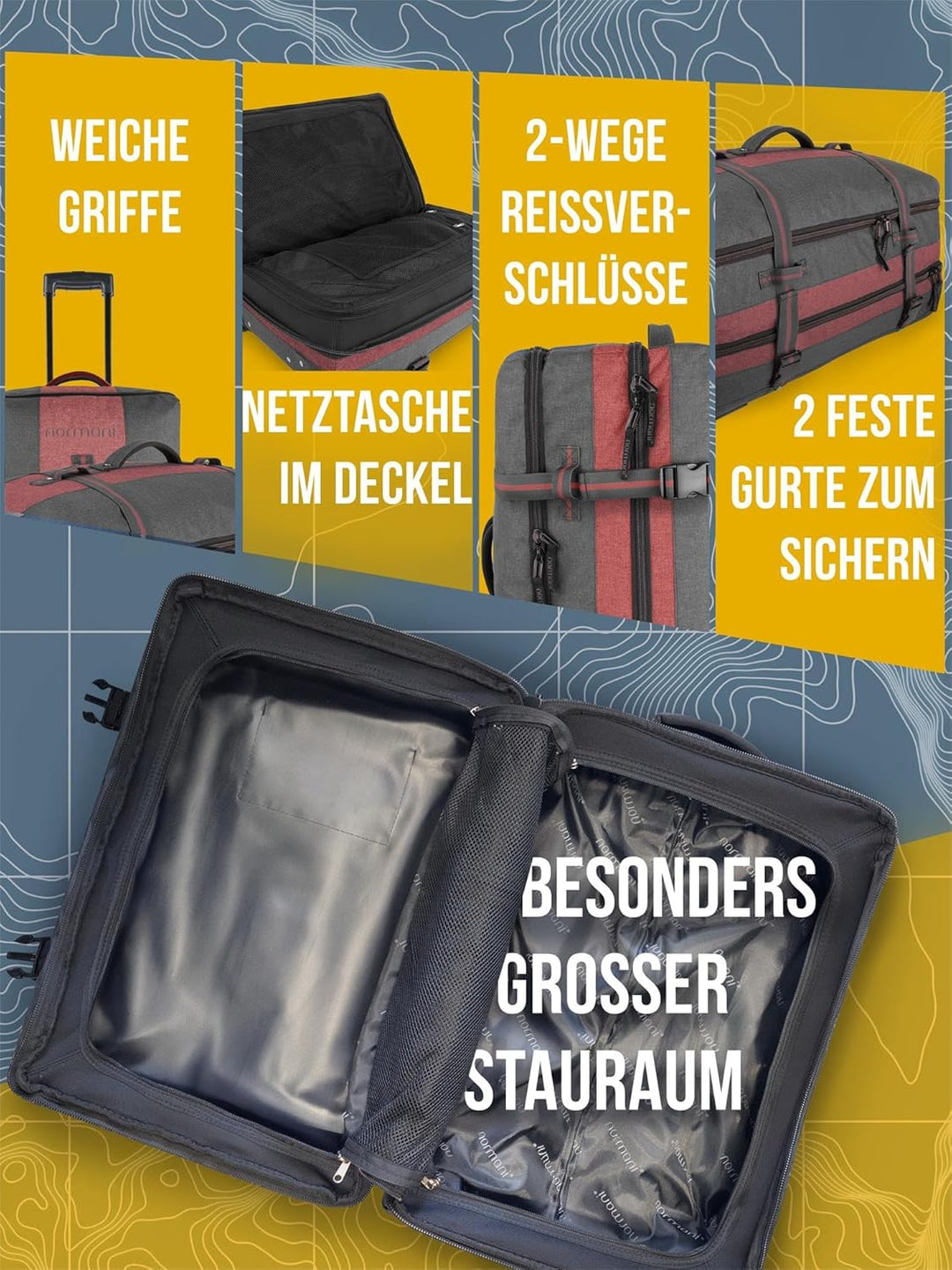 normani Handgepäck Reisetasche Trolley - 45 L (52 x 38 x 20-28 cm) Farbe Dunkelgrau/Rot Dunkelgrau/R