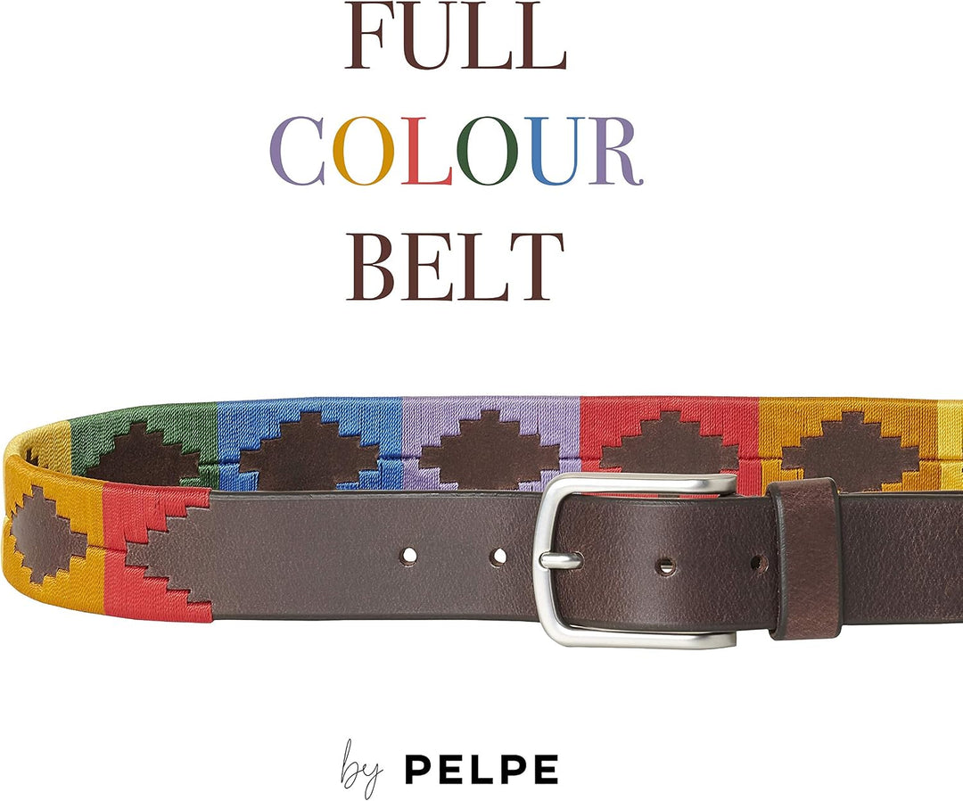 PELPE Argentinischer Ledergürtel mit passender Schnur und Lederarmband. Auf Leder gestickter Gürtel