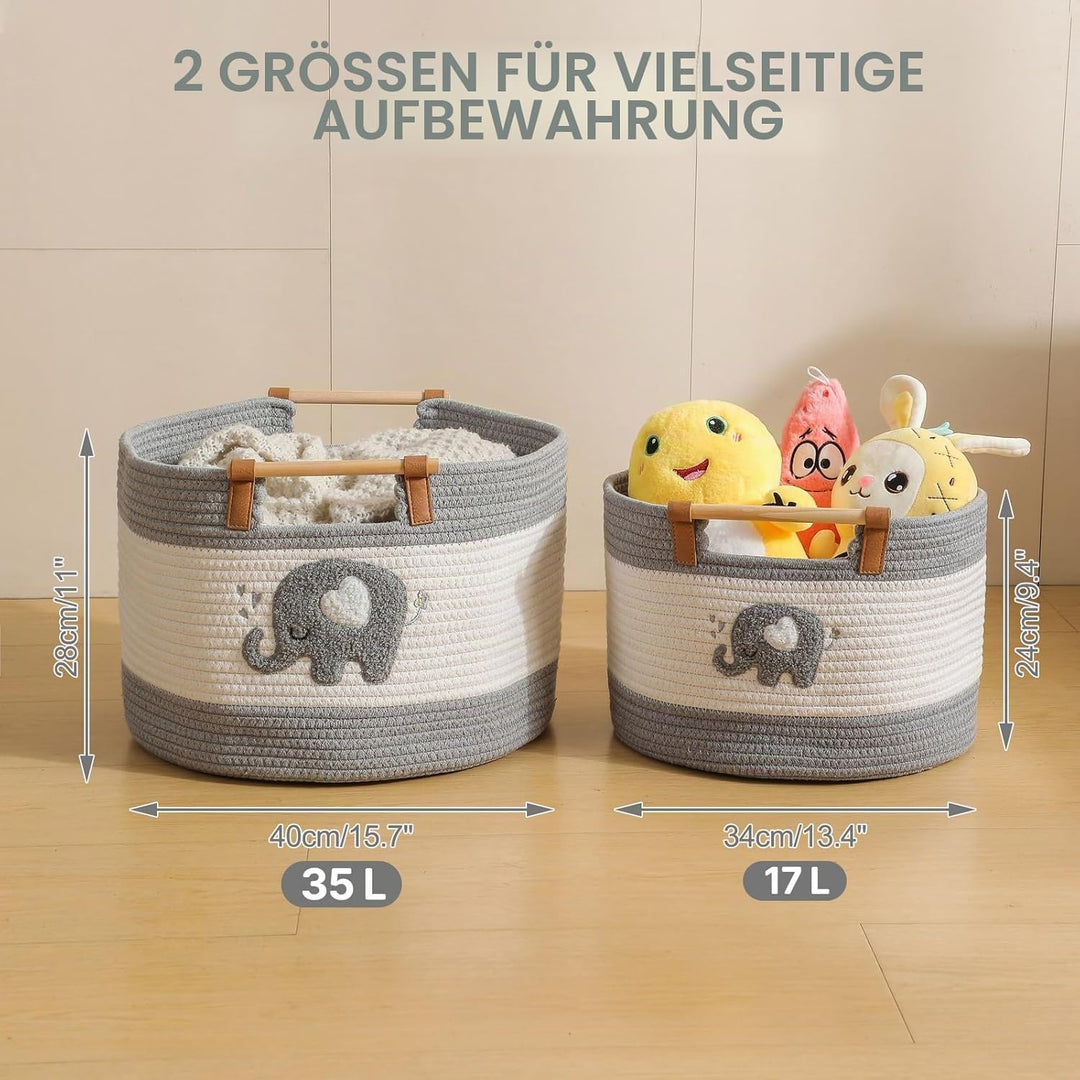 Grosser Aufbewahrungskorb aus Baumwollseil, kleiner Elefant besticktes Muster, Grosser Deckenkorb 35
