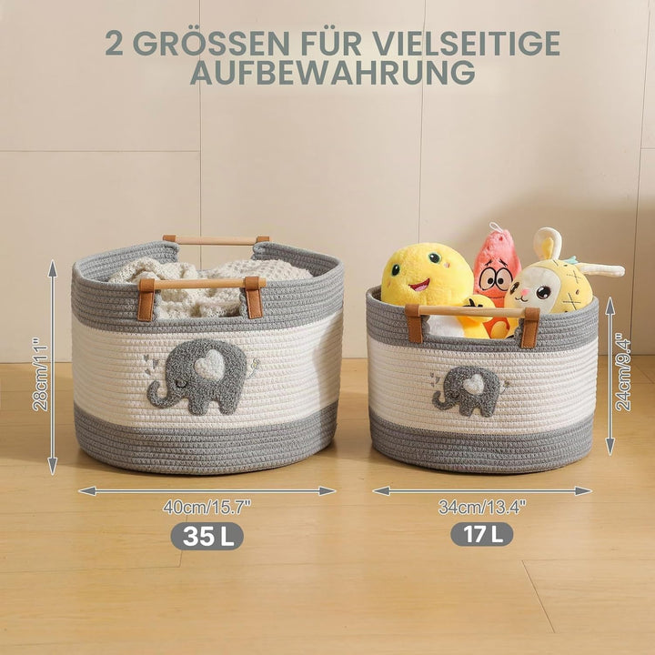 Grosser Aufbewahrungskorb aus Baumwollseil, kleiner Elefant besticktes Muster, Grosser Deckenkorb 35