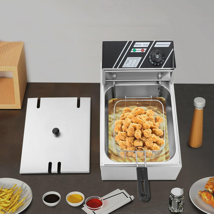 Elektrische Fritteuse 6L Frittierkorb Ölbad mit Temperaturregelung Deckel für Küche Restaurant Snack