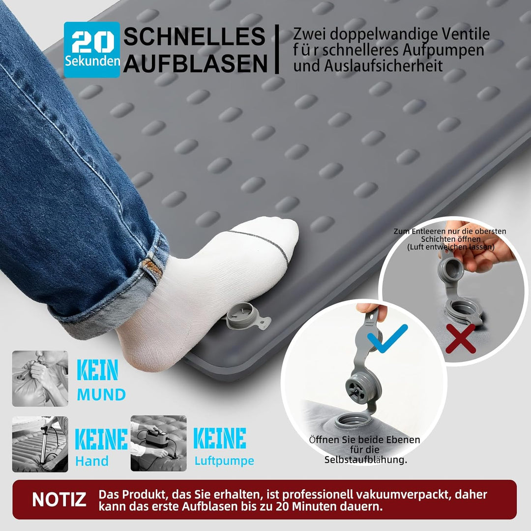 KASIMO Isomatte Selbstaufblasend Camping Matratze, R-Wert 9,5 Ultra-Dicke Memory-Foam Schlafmatte mi