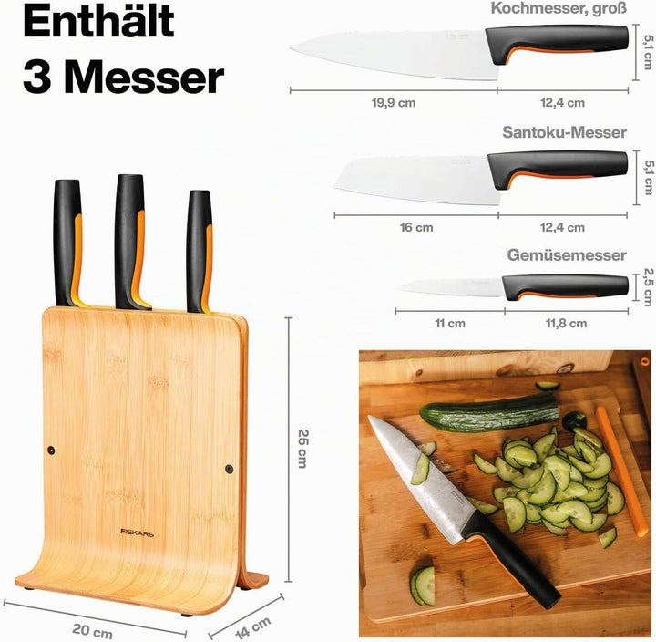 Fiskars Bambus Design-Messerblock mit 3 Messern, Functional Form, Inklusive Gemüsemesser, Santoku Ko