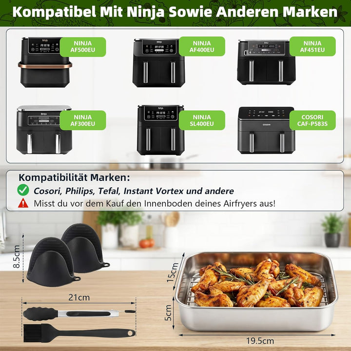 Ugotit Airfryer Zubehör, Auflaufform Airfryer Edelstahl 304 mit 2 Deckel & 2 Grillrost, für Ninja Ai