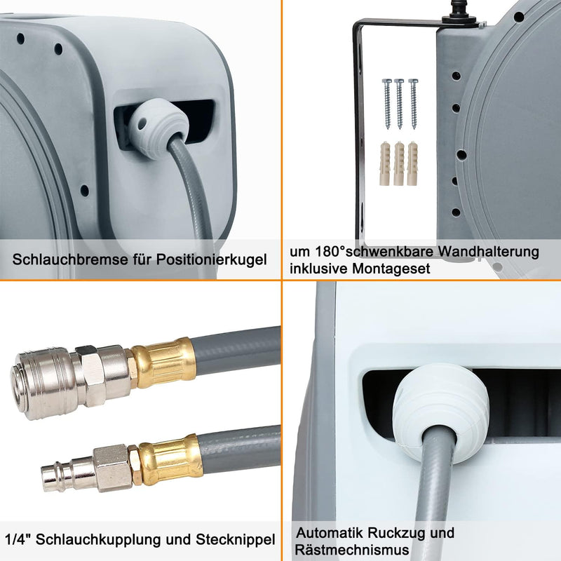 Lospitch Druckluftschlauch Aufroller automatisch 30m Schlauchtrommel 1/4" Anschluss Wandschlauchhalt