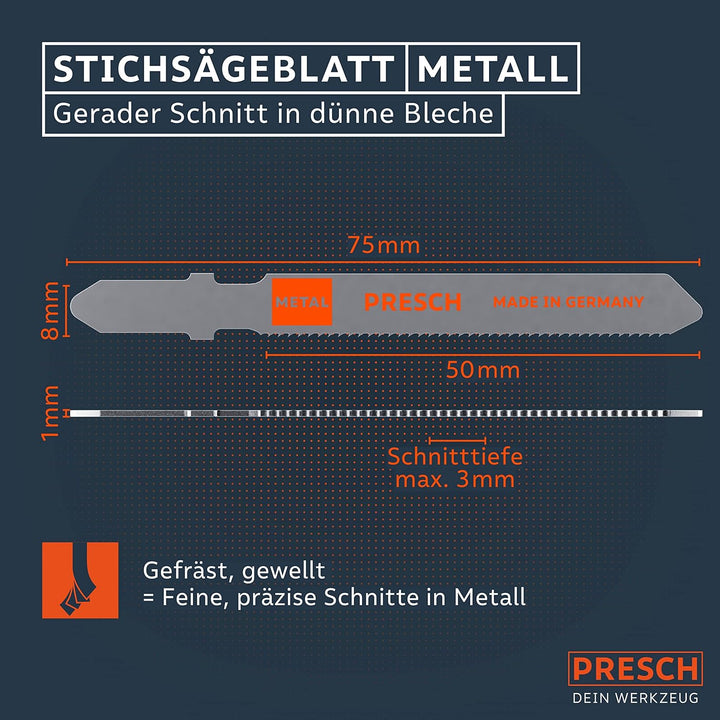 Presch Stichsägeblätter Metall 10 Stk. (Feiner Schnitt) - Präzise Schnitte in dünne Bleche (1-3mm) -
