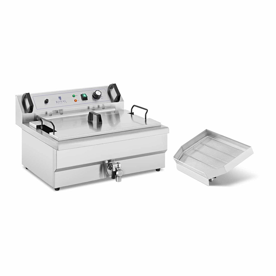Royal Catering Elektrisches Fettbackgerät Edelstahl mit Ablage 23 L 3000 W 60-200 °C Fettablaufhahn