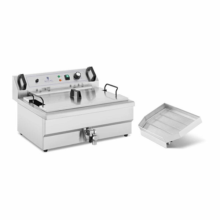 Royal Catering Elektrisches Fettbackgerät Edelstahl mit Ablage 23 L 3000 W 60-200 °C Fettablaufhahn