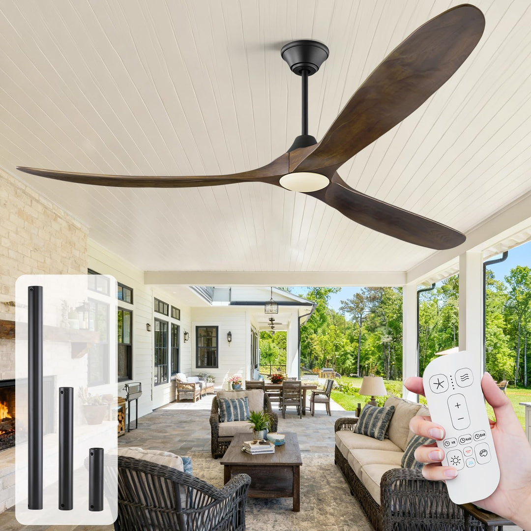 178 cm Deckenventilator mit Licht und Fernbedienung, Modernes Landhausstil, 3 Solide Holzblätter, Ho