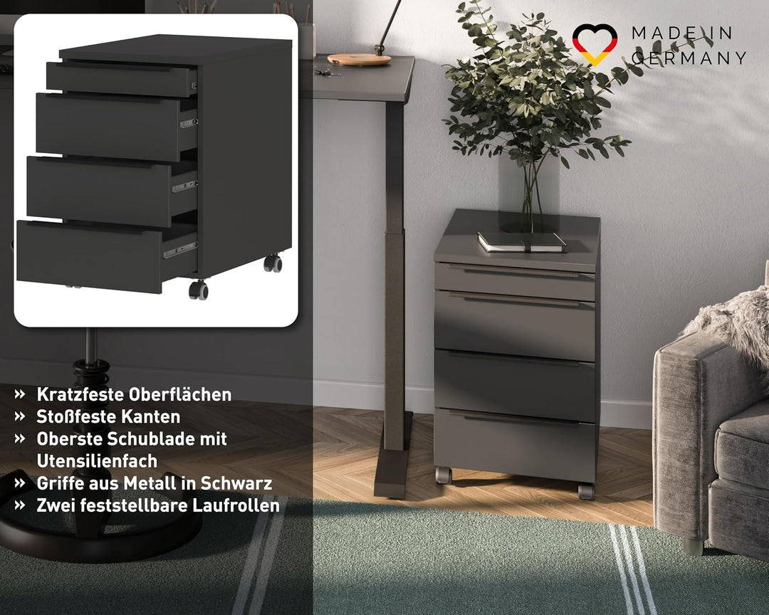 Germania Rollcontainer 4377-547, in Graphit, mit Utensilienfach, 42 x 63 x 60 cm (BxHxT), Graphit