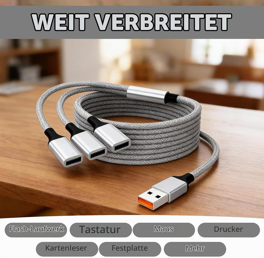 USB Splitter 1 auf 3, 2m USBHUB 2m Adapter mit USBStecker auf 3 USBA Buchsen, USB Verteiler für Date