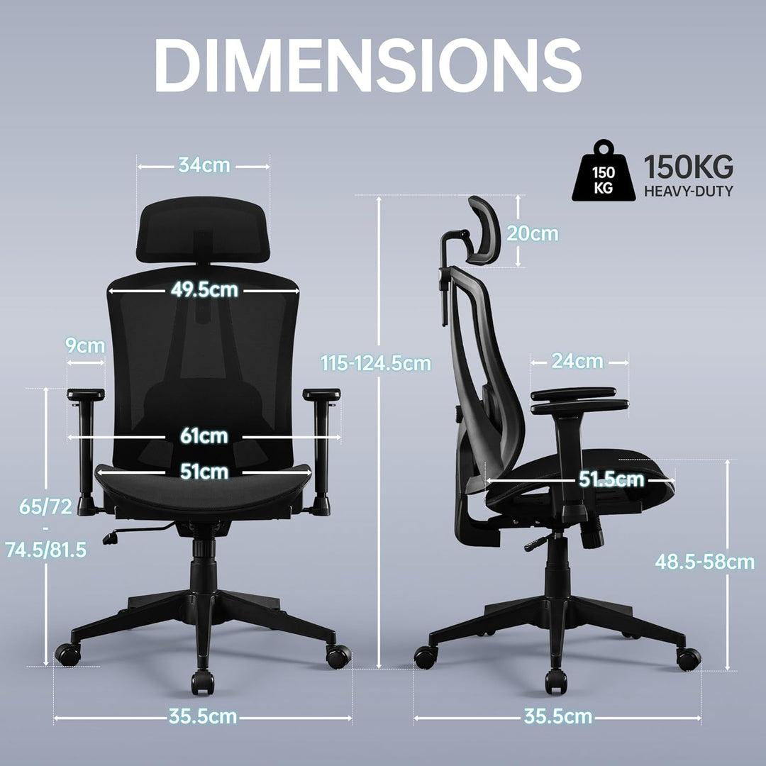 Bürostuhl Ergonomisch mit Verstellbar 3D Armlehne, Kopfstütze und Lendenwirbelstütze, Carbon-Mesh Ga