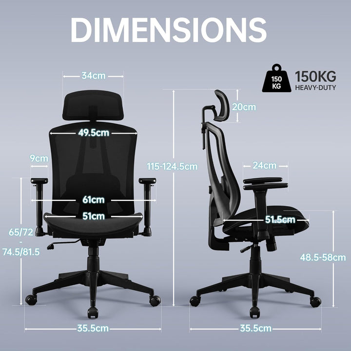 Bürostuhl Ergonomisch mit Verstellbar 3D Armlehne, Kopfstütze und Lendenwirbelstütze, Carbon-Mesh Ga