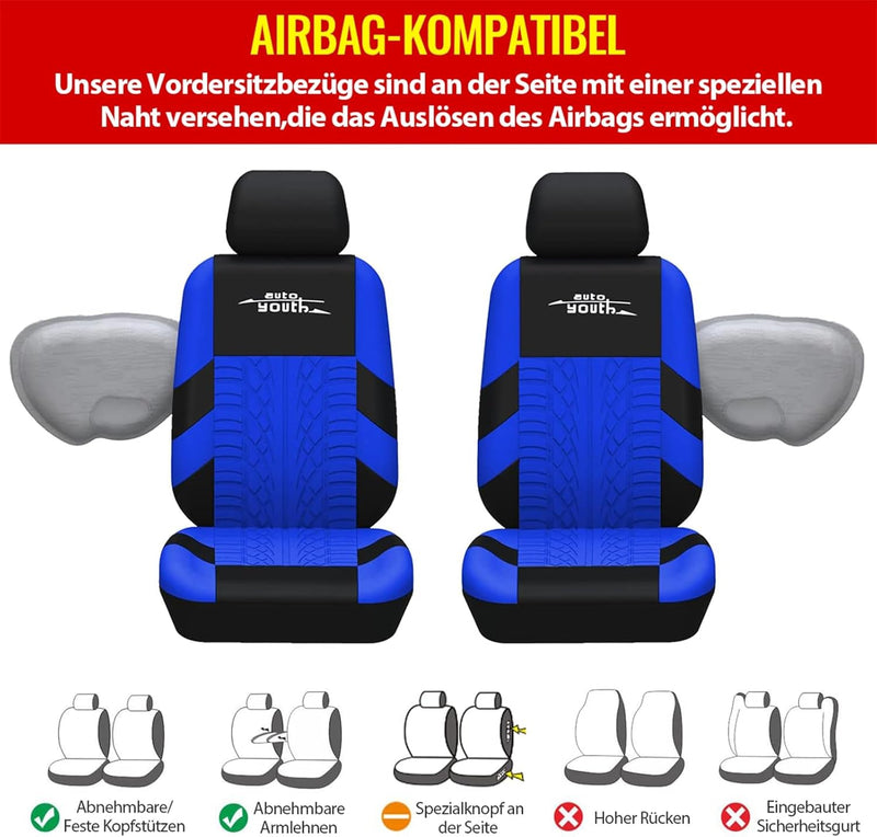 AUTOYOUTH Autositzbezüge Universal Fit Komplettset Autositzschoner Reifenschienen Autositzzubehör 9