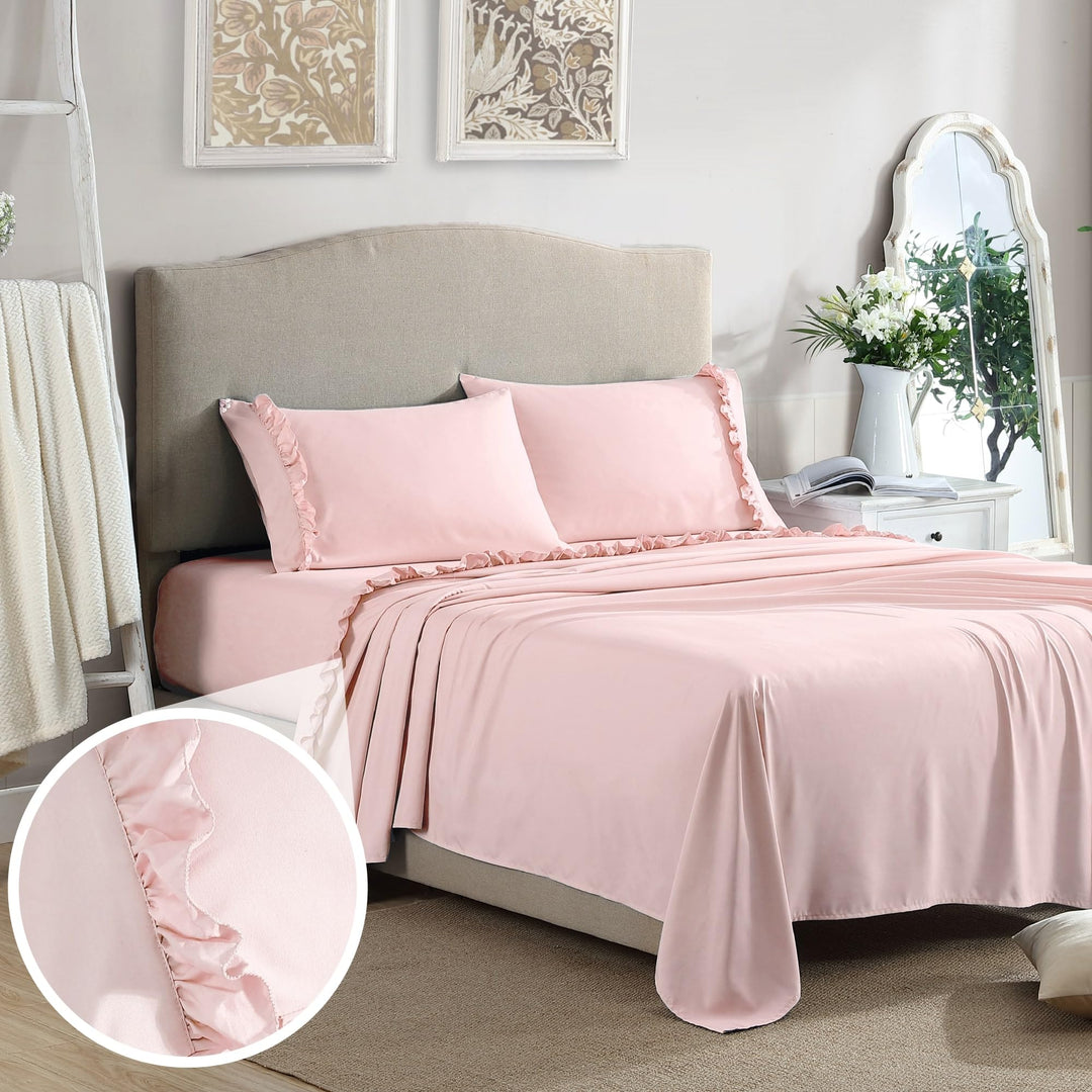Swift Home Hudson & Main ultrasoftes Elegante gerüschter Saum-Bettlaken-Set Full Rose Blush Rose Blu