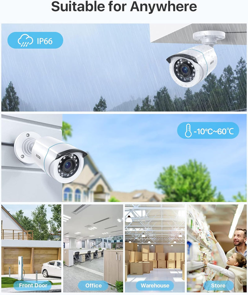 ZOSI 4 Stück 2MP 1080P Outdoor Video Überwachungskamera Set mit Netzteil und Videokabel, 1080P TVI H