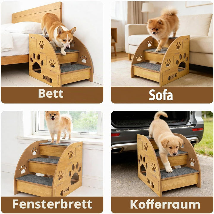 Hundetreppe für Kleine Hunde, Holz Haustiertreppe 3 Stufen Hunderampe für Bett Sofa Balkon, Stabi Ru