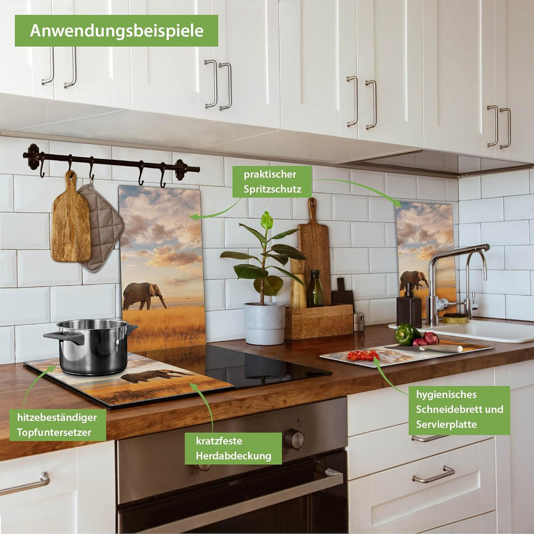 banjado® Herdabdeckplatte Glas 2-teilig je 30x52 cm/Schneidebrett Herdabdeckung mit Motiv Elefanten/