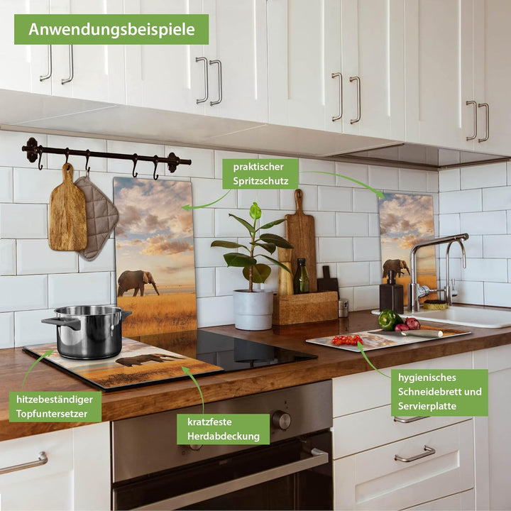 banjado® Herdabdeckplatte Glas 2-teilig je 30x52 cm/Schneidebrett Herdabdeckung mit Motiv Elefanten/