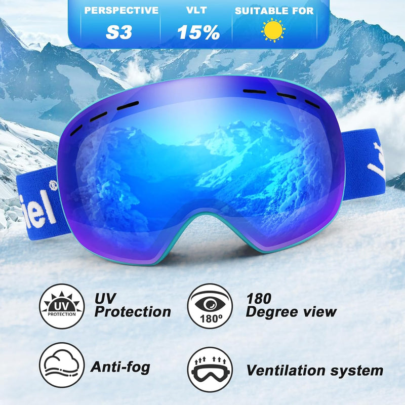 Trusiel Skibrille, Skibrille Damen Herren Anti-Fog Ski brille OTG, Skibrille für Brillenträger, 400