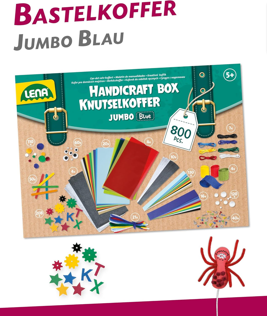Lena 42665 Bastelkoffer mit 800 Teile Farben, Material zum Basteln, mit Moosgummi, Buntpapier, Pompo