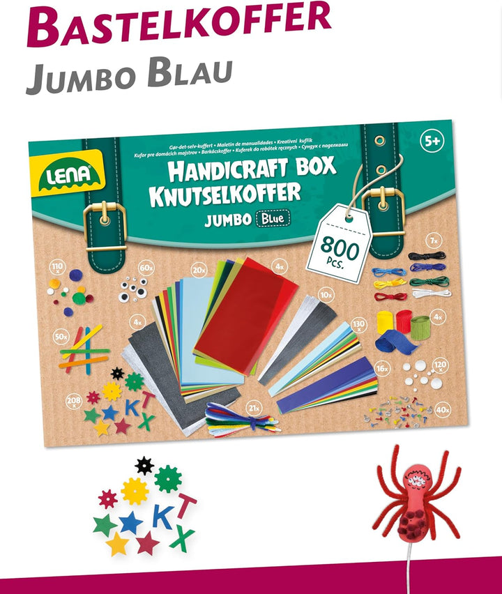Lena 42665 Bastelkoffer mit 800 Teile Farben, Material zum Basteln, mit Moosgummi, Buntpapier, Pompo