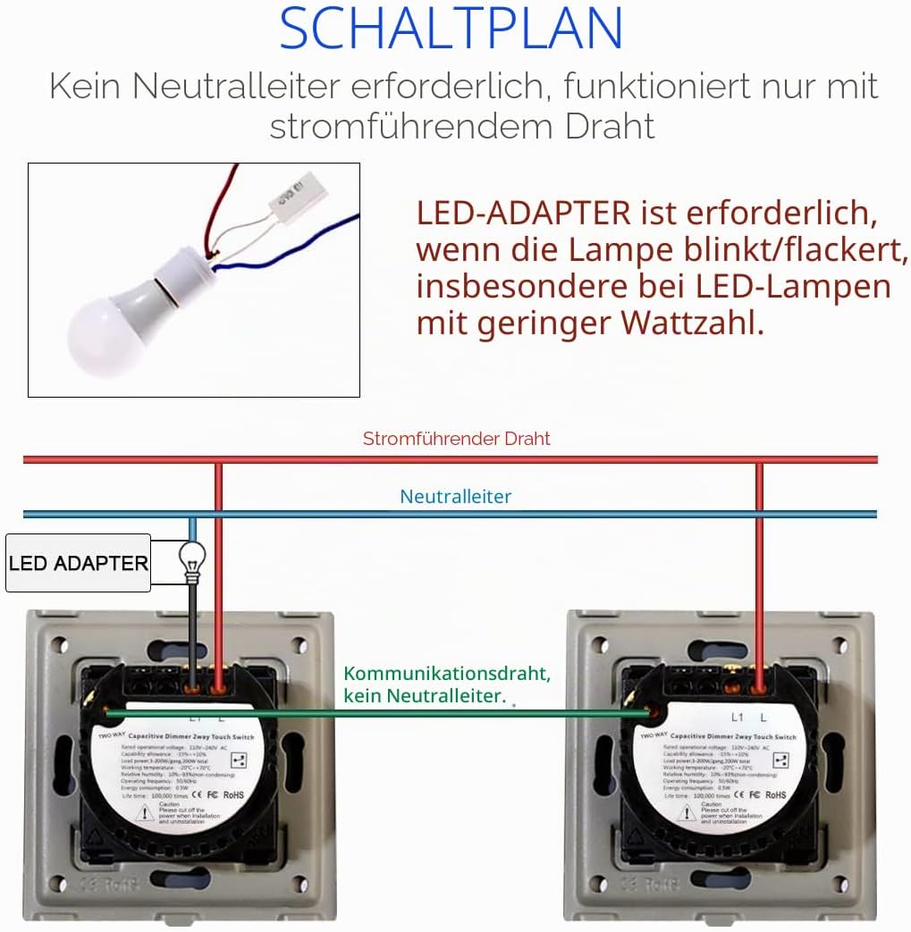 2er-Pack CNBINGO Dimmer Wechselschalter für LED-Leuchten - Touch Lichtschalter unterputz - Dimmschal