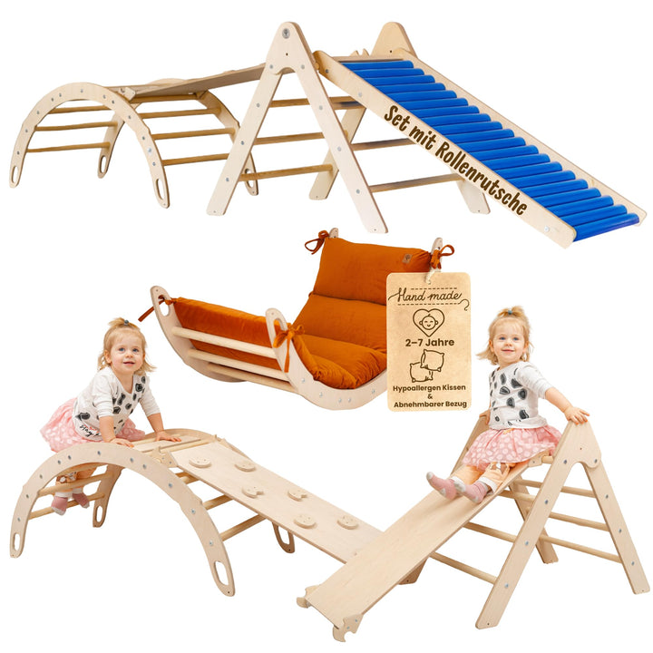 WoodsCraft 4in1 Set: Kletterdreieck mit Rutsche Indoor/Klettern Rampe, Rollenrutsche & Kletterbogen