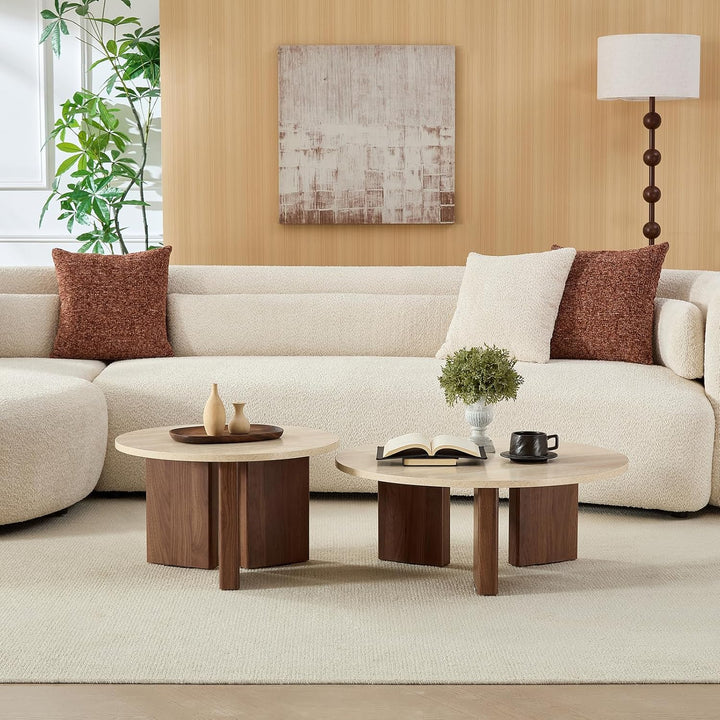 Home-Heaven® Couchtisch Rund Travertin mit Braun Holz – Set von 2 Ø76 cm & Ø58 cm, Travertin