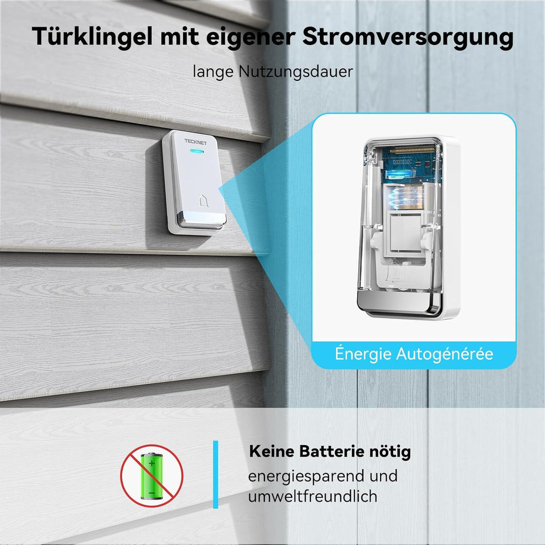 TECKNET Kabellose Türklingel Batterielose, Steckdosen-Funkklingel Wasserdicht Drahtloses Türklingel