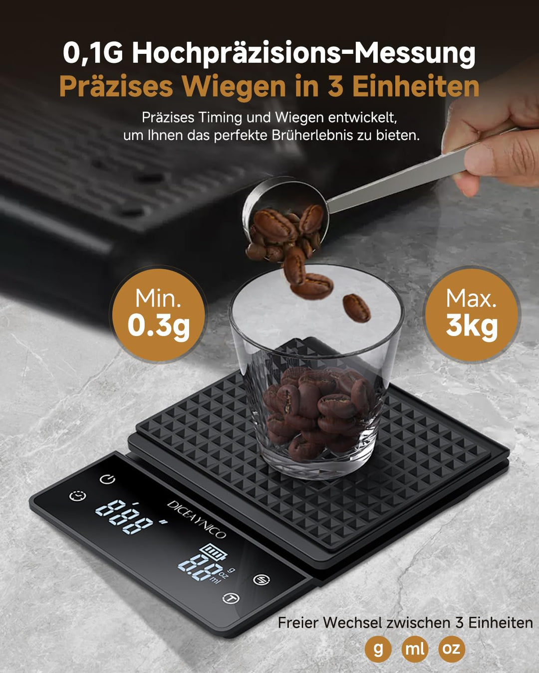 Digitale Kaffeewaage mit Timer, 3 kg/0,1 g | Timer und Countdown, wiederaufladbare Espresso-Waage mi