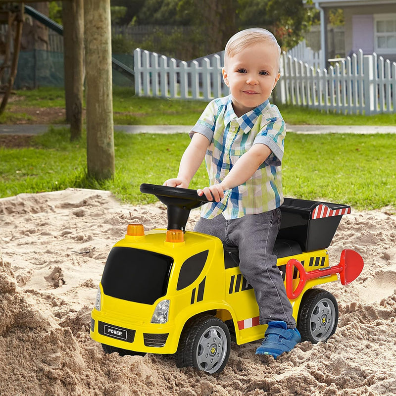 HOMCOM Sitzbagger für Kinder Rutscherfahrzeug mit Kippen Eimer und Schaufel Fuss Rutscherauto unter